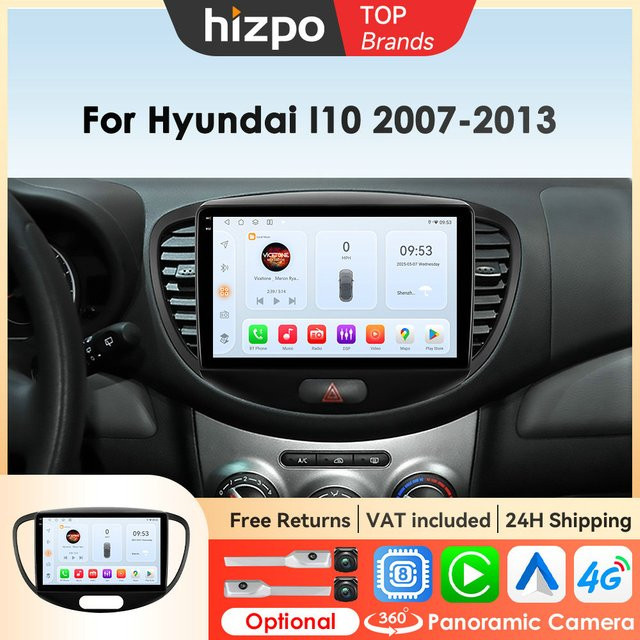 Hizpo Android 14 Auto Radio für Hyundai i10 2007-2013 mit GPS, CarPlay und DSP, Schwarz - Bild 1