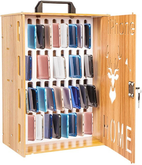 Handy-Aufbewahrungsbox aus natürlichem Holz mit Sicherheitsschloss und Griffen in Grau und Braun - Bild 1