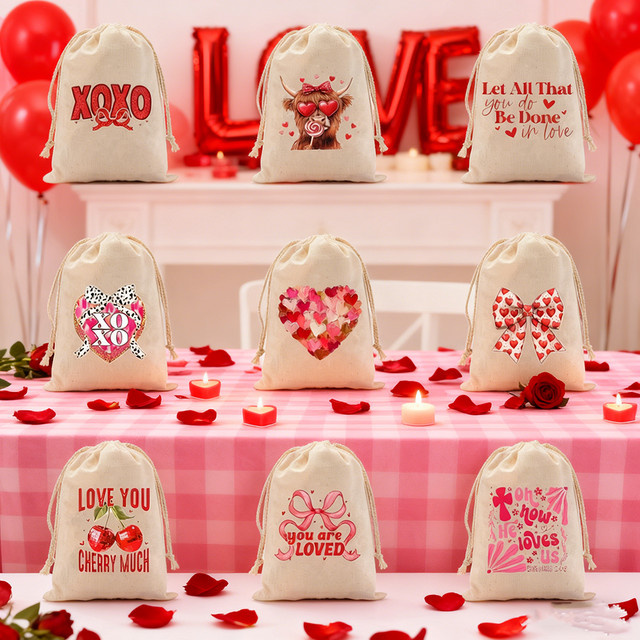 5 Stück christliche Kordelzug-Leckerli-Taschen für Kinder in Beige als Geschenk für Valentinstag, Hochzeitstag oder Galentine's Day - Bild 1