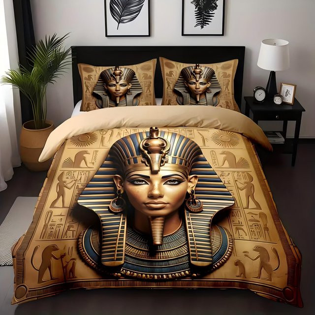 Bettwäscheset Ägyptische Mythologie Pharao Relief mit 3-teiligem Design in Gold, Material Polyester, B/H: 155 x 215 cm - Bild 1