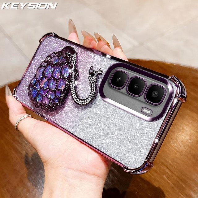 KEYSION Handyhülle mit Stoßfester Beschichtung und Schwan-Ständer für Infinix Hot 60 Pro+, Hot 60 5G und Hot 60i 4G, Transparent mit Glitzer-Juwelen in Violett - Bild 1