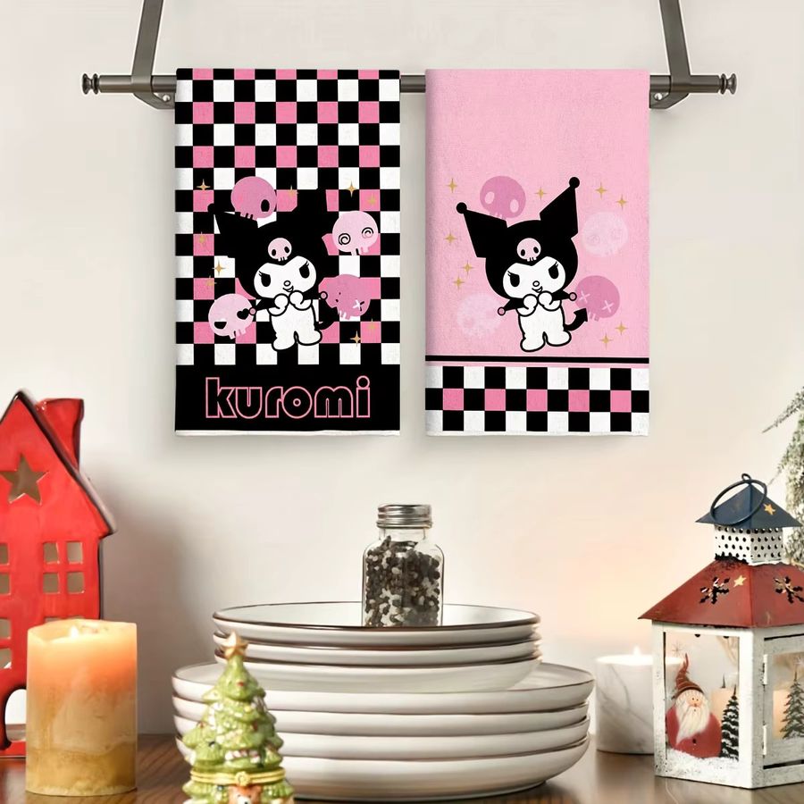 Sanrio Kuromi Skull Checker Handtuch in Pink mit Cartoon-Print für dein Badezimmer - Bild 2