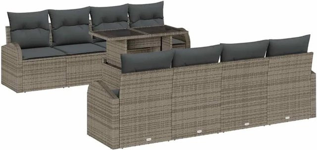 vidaXL Garten-Sofa-Set aus Poly Rattan in Grau mit 7 Teilen, inklusive Kissen und Tisch mit Sicherheitsglas - Bild 1