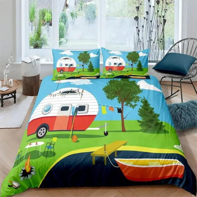 Happy Camping Bettwäsche Set Queen mit 3D Cartoon Bauernhaus Design, 2-teilig, B/H: 135 x 200 cm, Mehrfarbig - Bild 1