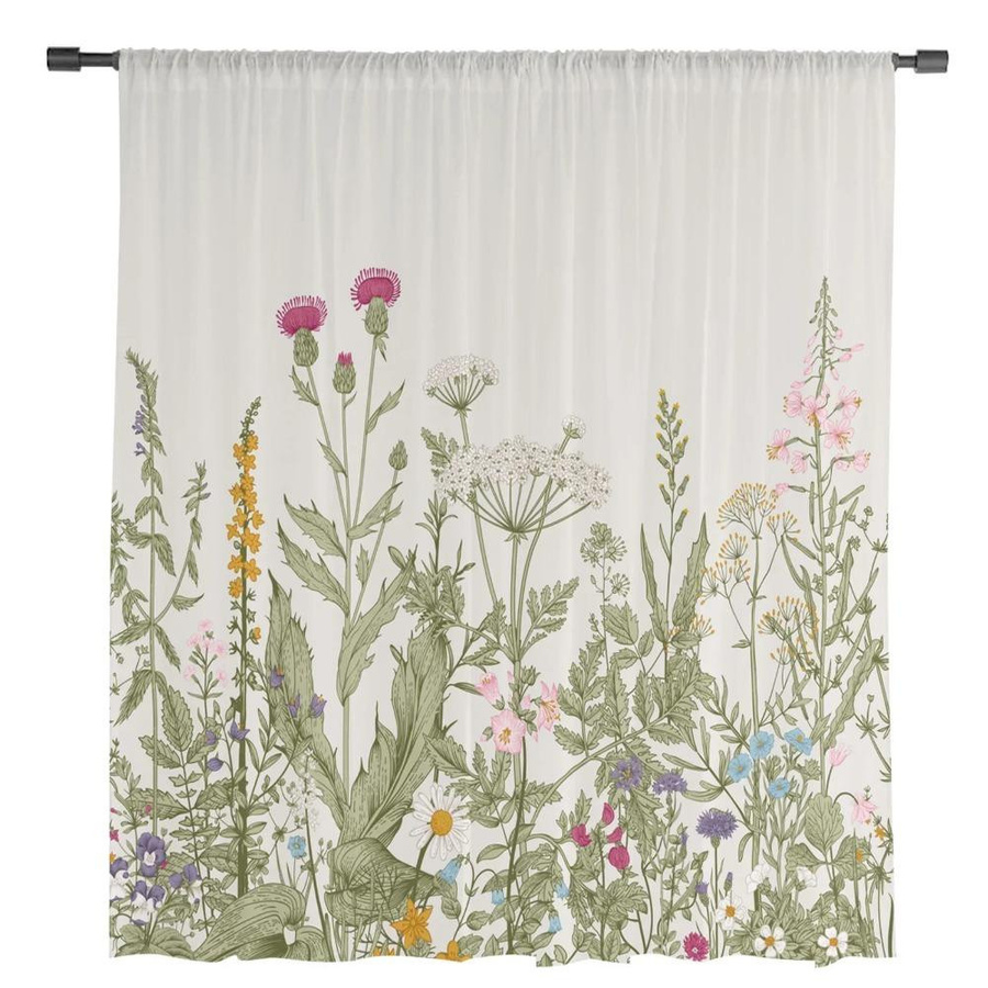 Yiran Furniture Transparente Chiffon Vorhänge mit Blumen und Blättern in Weiß, B: 135 cm, H: 215 cm - Bild 1