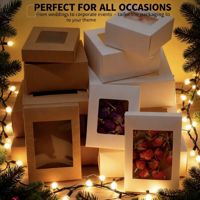 Verschiedene Geschenkverpackungen aus weißem Kraftpapier und Marmorboxen mit Sichtfenster für Weihnachten - Bild 1