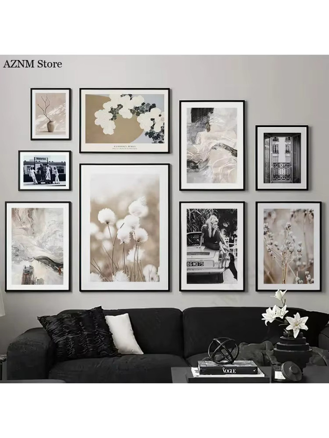 Potdemiel Wandkunst Vintage Blume Kreisförmig Leinwandmalerei in Beige, Schwarz und Weiß - Bild 4