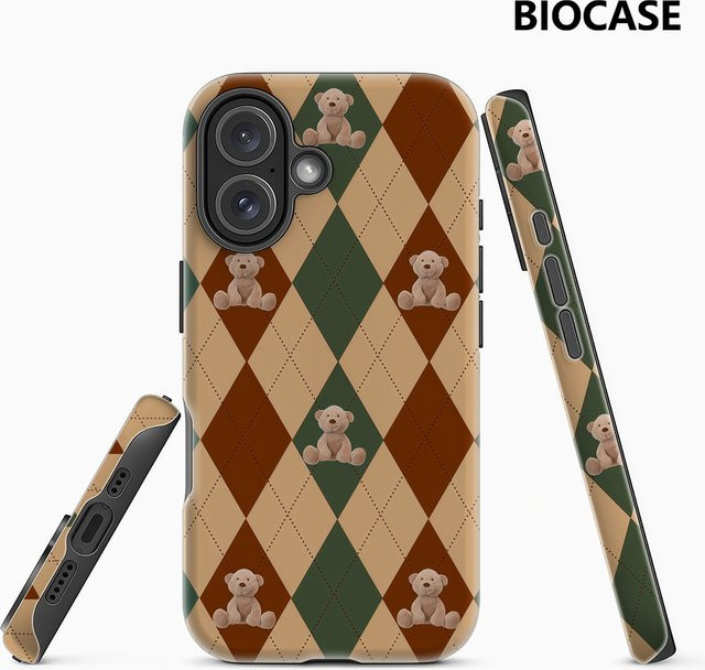 Handyhülle mit Argyle-Muster und Teddybären für iPhone 17 16 15 14 13 12 Pro Max Plus, doppelschichtige Rückseite, Multicolour - Bild 1