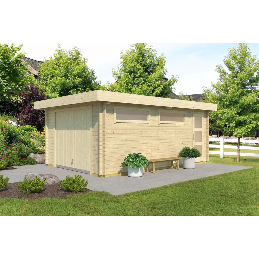 Lasita Garage Canberra Set aus Fichtenholz mit Schwingtor, seitlicher Eingangstür und zwei Milchglasfenstern, Farbe: Natur/Unbehandelt, B: 360 cm, T: 540 cm - Bild 2