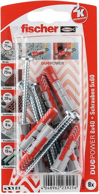 Fischer DuoPower Dübel Ø 8 mm x 40 mm aus Nylon in Grau und Rot, 8 Stück mit Panhead-Schraube - Bild 1