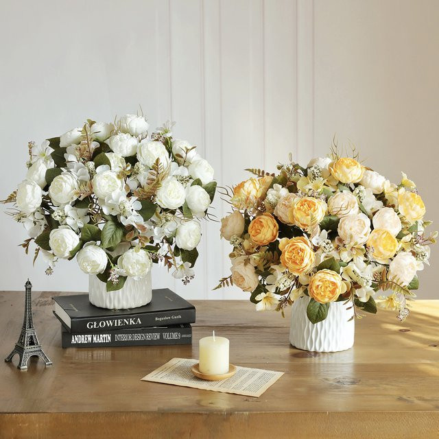 Set aus 3 Stück künstliche Pfingstrosen und Hortensien in Gelb als florale Seidenblumen für Hochzeiten, Partys und zur Dekoration von Haus und Garten - Bild 1