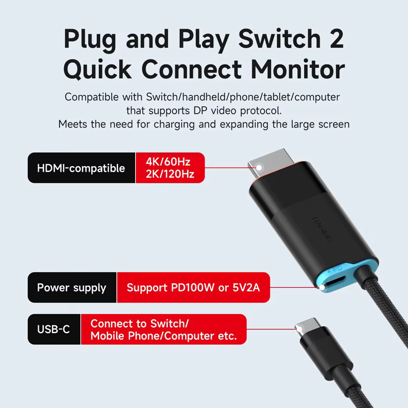 Hagibis Tragbares TV-Dock USB-C zu HDMI Kabeladapter für Nintendo Switch, Switch2 und OLED, 4K@60Hz, 100W PD Stromversorgung, Schwarz, kompatibel mit Laptops und ROG Ally - Bild 2