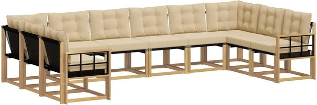 vidaXL Outdoor-Sofagarnitur in L-Form aus Akazienholz mit Textilene und Kissen, Weiß und Beige - Bild 1