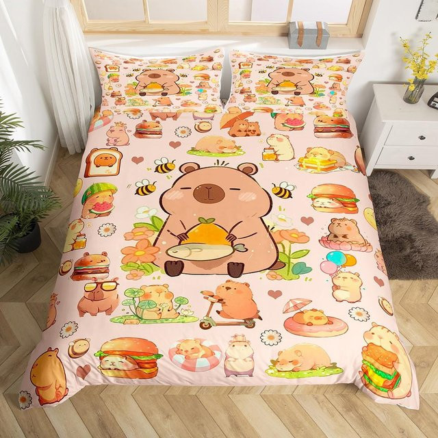 Homewish Bettwäsche-Set mit Cartoon Capybara und Lotusblumen Motiv, Kawaii Design in Orange, Material Mikrofaser, B/H: 155 x 220 cm - Bild 1