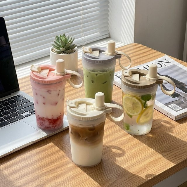 WORTHBUY Auslaufsicherer Trinkbecher mit Strohhalm und Sieb, tragbare Plastikwasserflasche für heiße und kalte Getränke, transparent lila - Bild 1