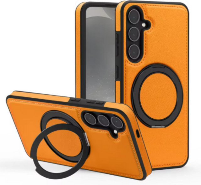 Magnetische Stoßfeste Schutzhülle mit Leder-Muster und Standfunktion für Samsung Galaxy S25 S26 S24 S23 Ultra Plus S25 FE in Orange mit MagSafe Kompatibilität - Bild 1