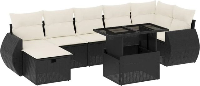 vidaXL 8-tlg Garten-Sofagarnitur in L-Form mit Kissen und Couchtisch, Schwarz, Poly-Rattan mit Metallgestell - Bild 1