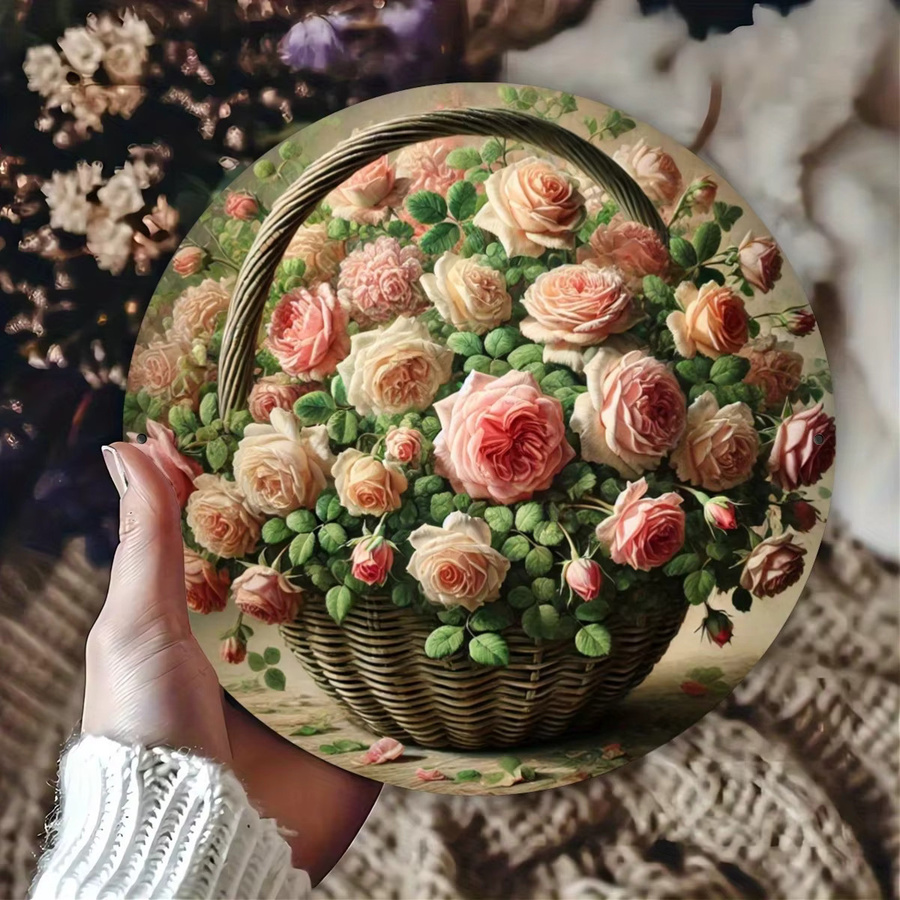 Rundes Metallschild von Potdemiel mit rosa Rosen-Muster als Wandkunst-Dekor, Durchmesser: 20 cm - Bild 3