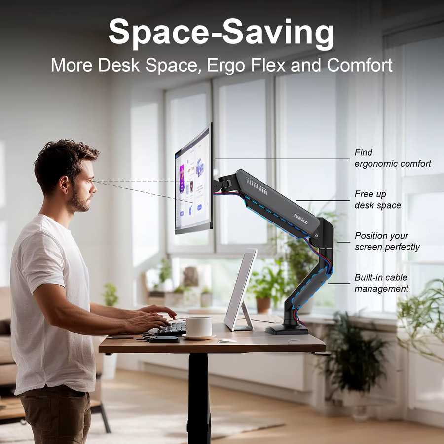 NearHub Einzelmonitor-Arm-Montagehalterung für 13–32 Zoll Bildschirme bis 9 kg, voll bewegliches Gelenkstativ mit C-Klemme, Schwarz-Grau - Bild 4