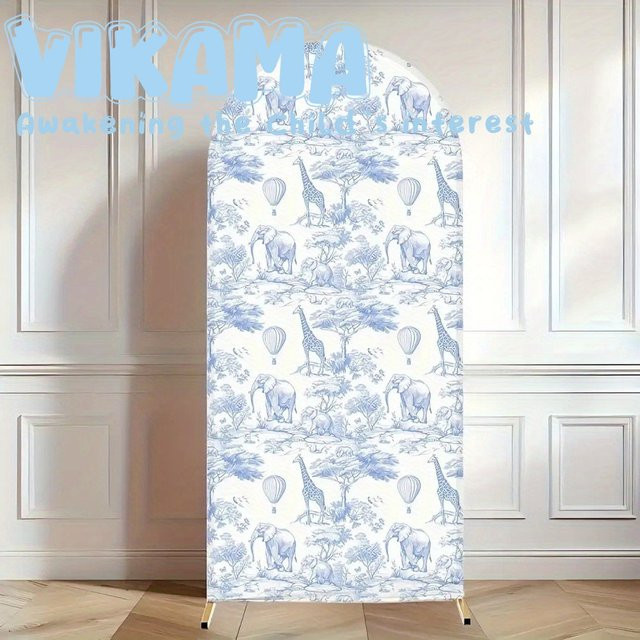 VIKAMA Dschungeltier-Hintergrundstoff Blau mit Tiermotiven wie Giraffen, Elefanten und Heißluftballons für Kinder, B: 120 cm, H: 50 cm - Bild 1