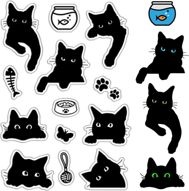 Transparenter Silikonstempel mit schwarzer Katze und Fischgräten-Motiv für Journaling und Bastelarbeiten - Bild 1