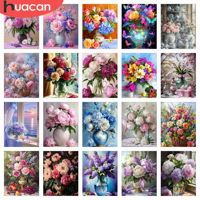 HUACAN Diamant-Malerei Komplettset Rosenblumen-Vase mit 5D Pfingstrosen-Blumenmuster in Multicolour, B/H: 30 x 40 cm - Bild 1