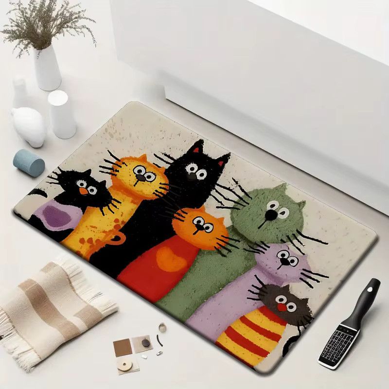 VIKAMA Teppich mit Cartoon-Katzenfamilie in Multicolor für Wohnzimmer, Küche oder Badezimmer - Bild 5