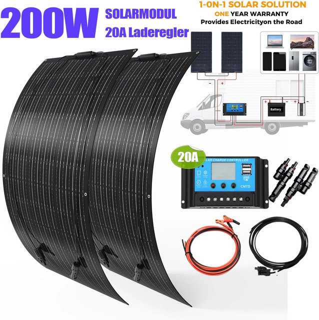 XINPUGUANG 200W Flexibles Solarmodul Set aus 2 x 100W Mono-Solarpanels in Schwarz für Wohnmobile, Balkone und Dächer - Bild 1