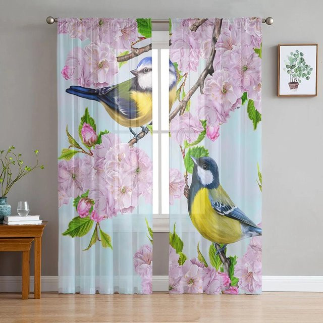 Transparente Voile-Organza-Fenstervorhänge von Yiran Furniture mit Papageienblumen-Motiv in Grün und Multicolour, B: 135 cm, H: 115 cm - Bild 1