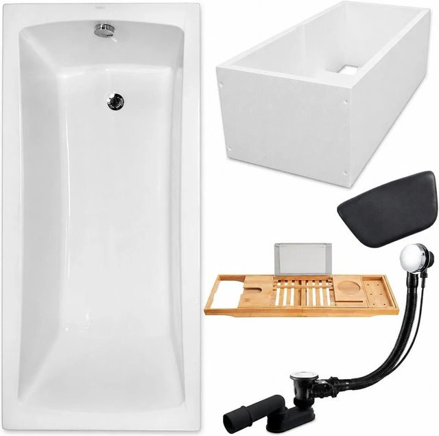 KOLMAN Badewanne KODI Rechteck aus Acryl in Weiß und Schwarz inklusive Wannenträger, Bambus-Badewannenablage, Kopfstütze, Ablauf und Füßen, B/T: 140 x 70 cm - Bild 1