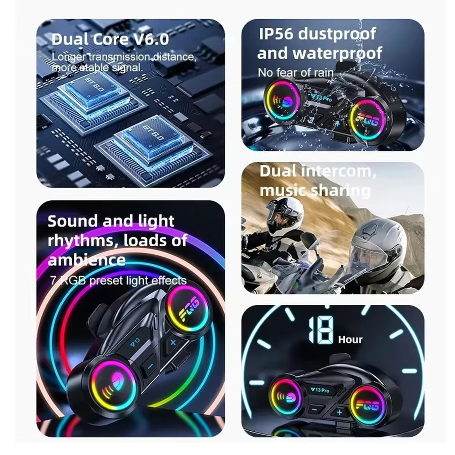 kebidumei Y13 Pro Helm-Intercom-Headset mit Dual-Bluetooth 6.0, RGB-Lichteffekt und 500 m Reichweite in Schwarz/Multicolor - Bild 2