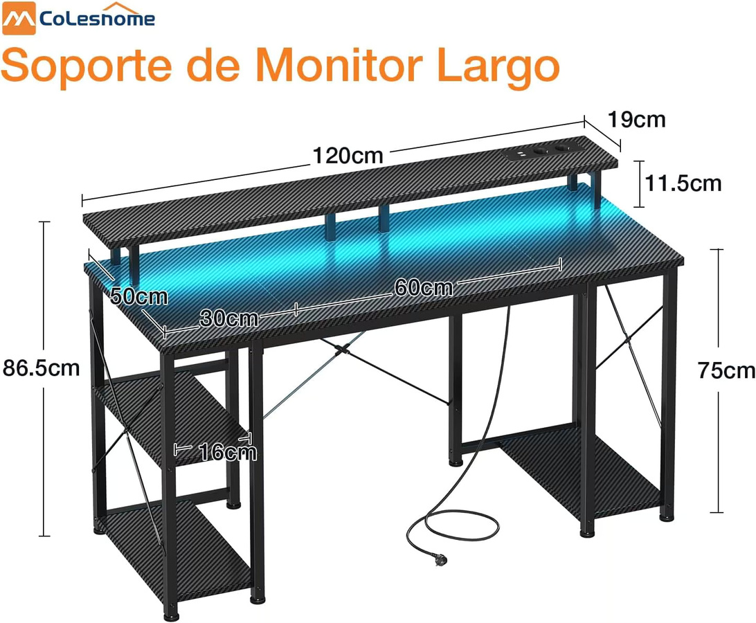 Coleshome Gaming-Schreibtisch mit LED, schwarzer Kohlefaser, mit 2 Steckdosen und 2 USB-Anschlüssen, Breite: 120 cm, Tiefe: 50 cm - Bild 4