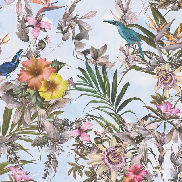 e-Delux GmbH Floral Tapete mit Blumen und Tieren in Weiß, Grün, Gelb und Blau, Matt, Non-Woven, Breite: 0,53 m, Länge: 10,05 m - Bild 1