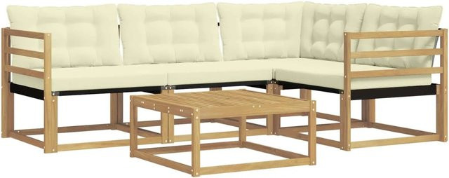 vidaXL Outdoor-Sofagarnitur aus Akazienholz in L-Form mit Textilene-Polstern und Couchtisch, 5-teiliges Set, Weiß und Beige, B/T/H: 79 x 79 x 37 cm - Bild 1