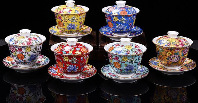HMLOVE Sancai Gaiwan Tee-Set aus weißem Porzellan mit Emaille-Abdeckung und Untertasse, handgemachtes Vintage Teegeschirr, 200 ml - Bild 1