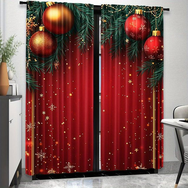 Weihnachtsvorhänge mit Schnee und Weihnachtsmann, 2er-Set, halbverdunkelnd, rot, B/H: 100 x 130 cm - Bild 1