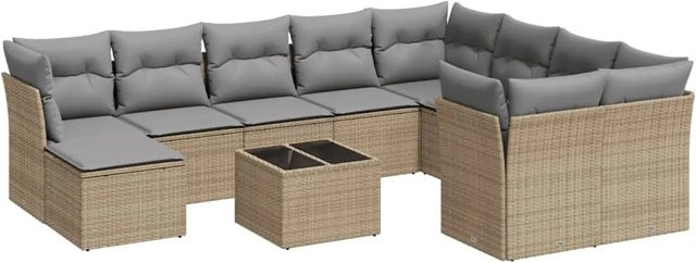 vidaXL 11-tlg. Garten-Sofagarnitur in L-Form aus Poly-Rattan mit Kissen in Beige-Grau - Bild 1