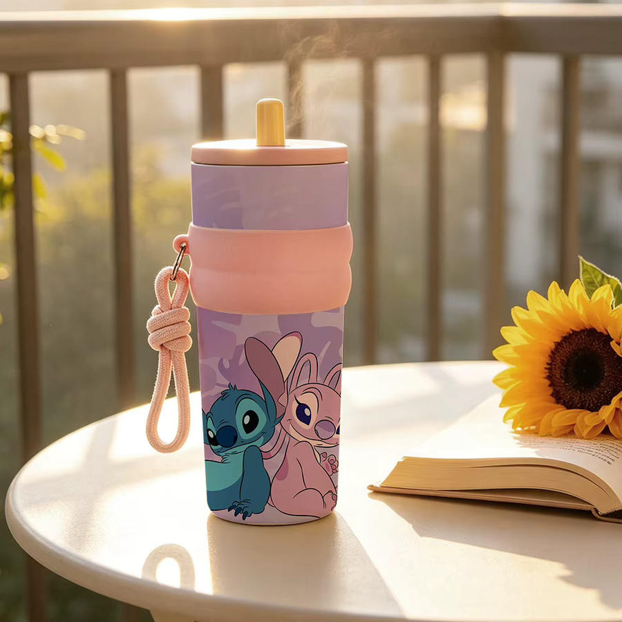 Disney Stitch & Angel Edelstahl-Thermobecher mit Strohhalm und Trageschlaufe, Rosa, 24,5 oz - Bild 4