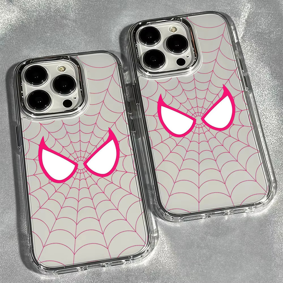 Aurbe Handyhülle für iPhone 17 16 15 14 13 12 11 Pro Max 16E mit silbernem Linsenrahmen, transparente Schale in Rosa mit Spinnennetz-Design - Bild 2
