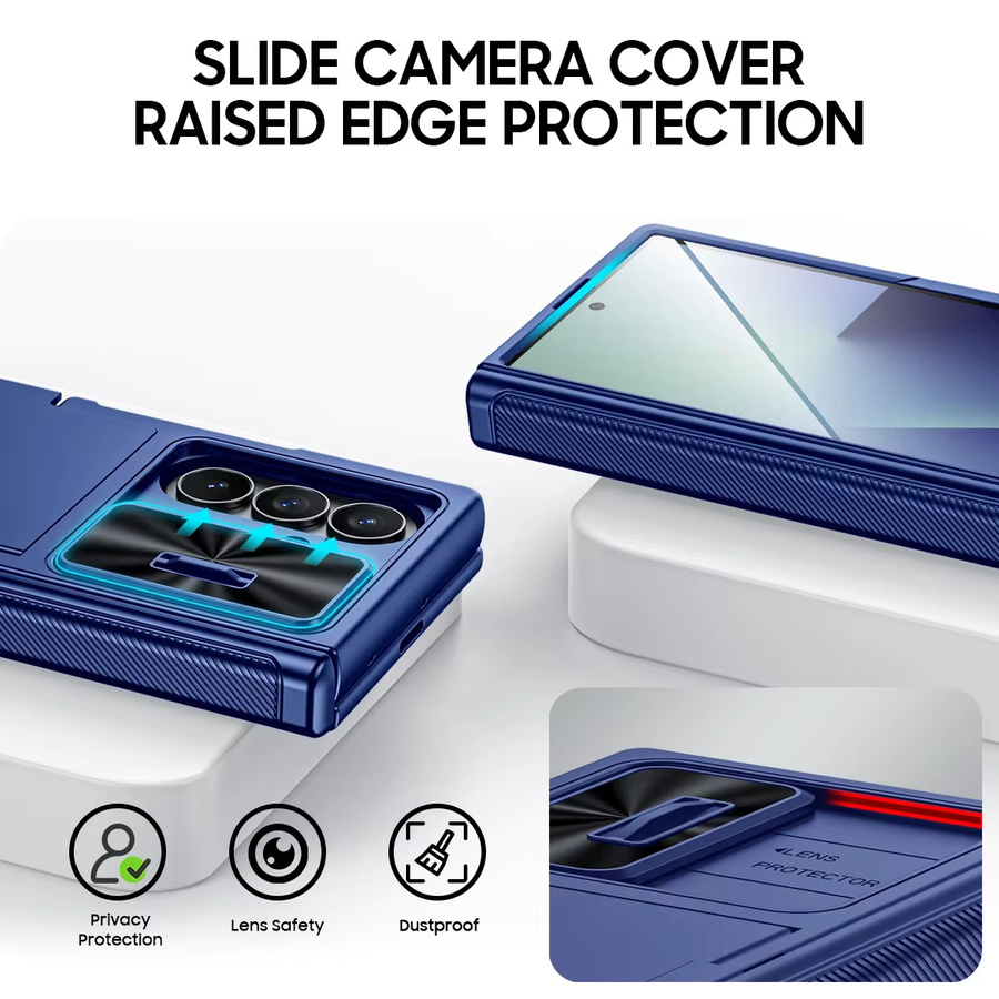 BANGZAO Stoßfeste Handyhülle für die Galaxy Z Fold Serie mit Kartenhalter, Schiebe-Kameraabdeckung und RFID-Blockierung in Blau - Bild 2