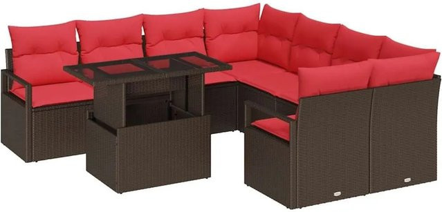 vidaXL Gartensofa-Set aus Poly-Rattan in Braun und Rot mit 9 Teilen, L-Form mit integriertem Kissen-Speicher und Couchtisch - Bild 1