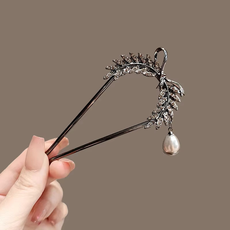 HIYAYZ Haarnadel Perle Strass Weizen U-förmige Haarspange, Damen - Bild 2