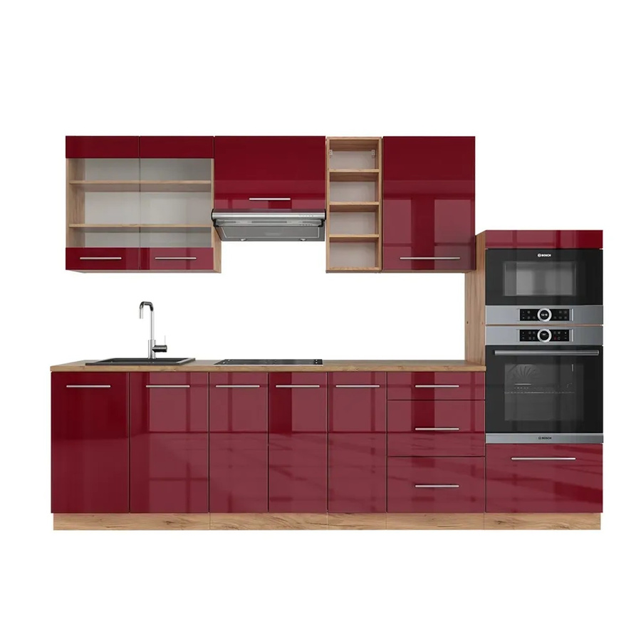 Vicco Fame-Line Küchenzeile Bordeaux Hochglanz und Goldkraft Eiche, Breite: 280 cm - Bild 2