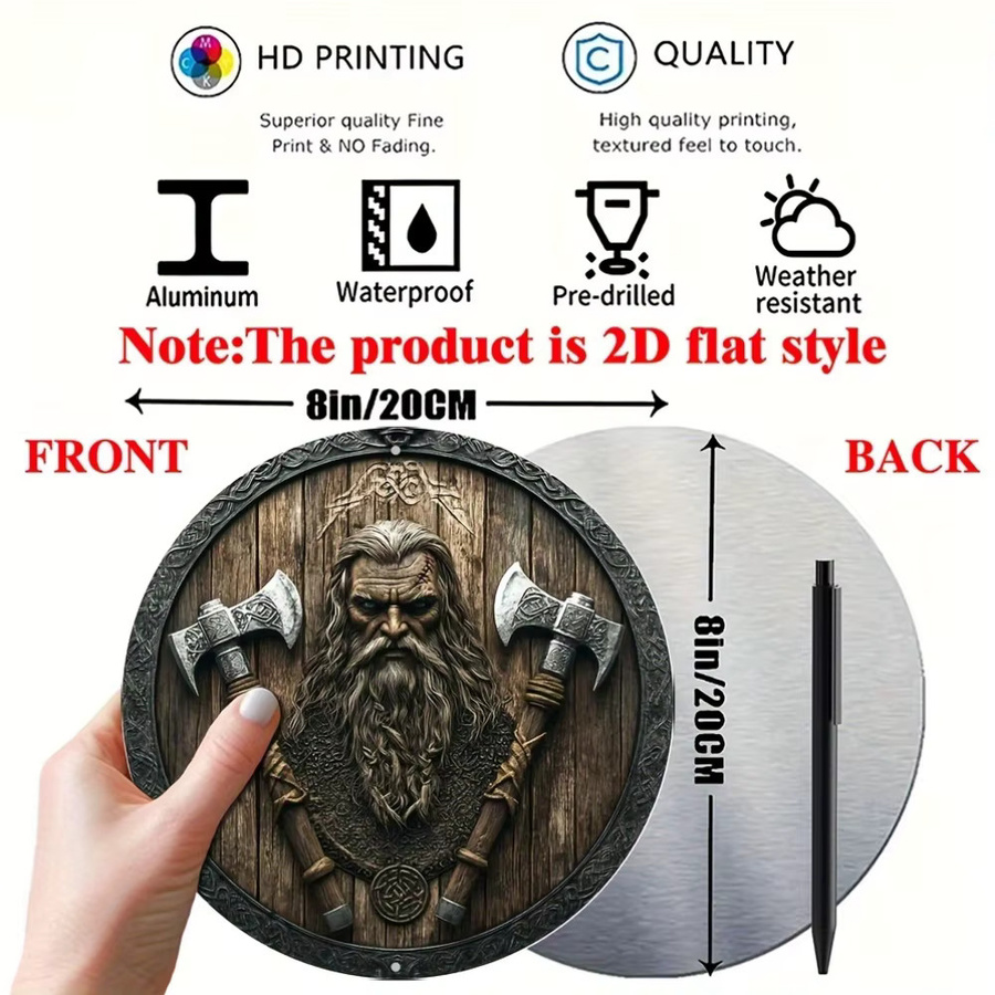 Potdemiel Rundes Wikinger Schild Wandkunst aus Metall mit Axt- und Schilddesign, Durchmesser: 20,3 cm - Bild 2