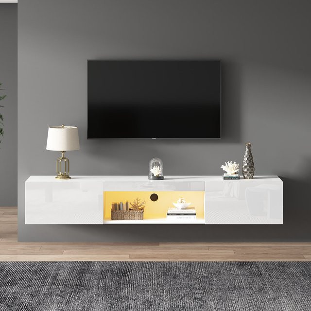 Aosom TV Schrank in Weiß mit Hochglanz-Finish, Wandschrank für bis zu 70 Zoll mit LED-Beleuchtung und Bluetooth-APP-Steuerung, B/H/T: 160 x 31 x 22 cm - Bild 1