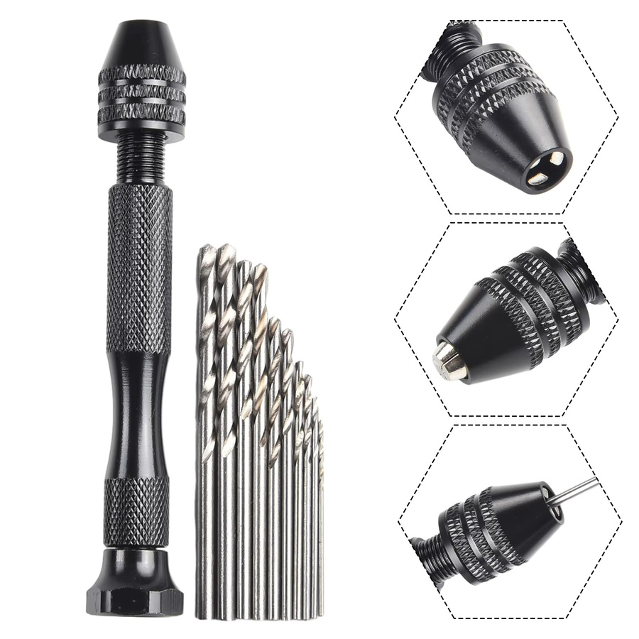 DAZZLEEX Mini Handbohrer Set mit 11 Stück und 10 Spiralbohrern für Modellbau und DIY, Durchmesser 0,3-3,2 mm, Schwarz - Bild 4