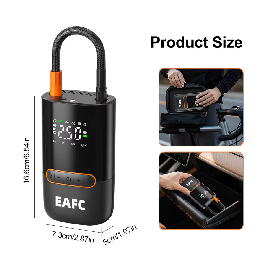 EAFC Digitaler Luftkompressor Schwarz: Tragbare Kabellose Luftpumpe als Reifenfüller für Motorräder, Fahrräder und Bälle mit Powerbank-Funktion und Notlicht - Bild 7
