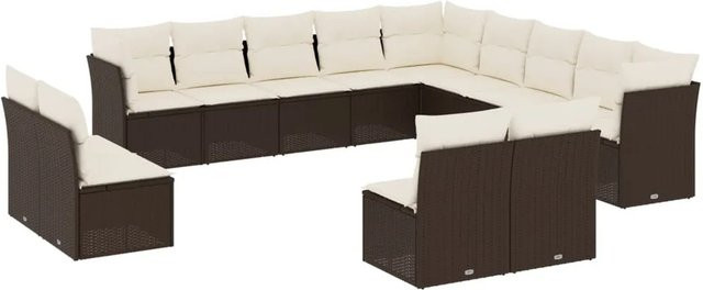 vidaXL 13-tlg. Garten-Sofagarnitur in L-Form aus Poly-Rattan mit Kissen in Braun und Cremeweiß - Bild 1
