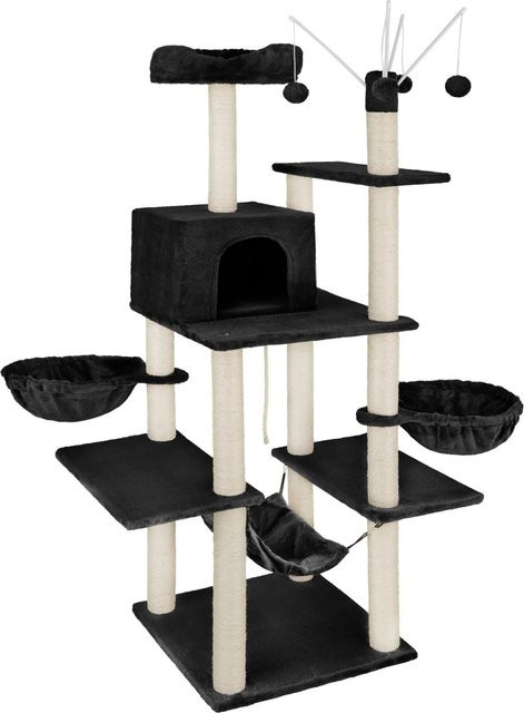 tectake Kratzbaum Lilou Schwarz mit Katzenhaus, Hängematte und Spielzeug, Plüsch, H x B x T: 165 x 61 x 120 cm - Bild 2