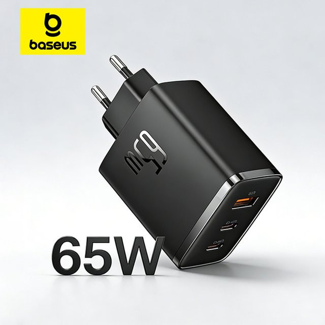 Baseus 65 W GaN USB C Ladegerät in Schwarz mit QC und PD Schnellladefunktion für iPhone, Xiaomi und Laptops - Bild 1